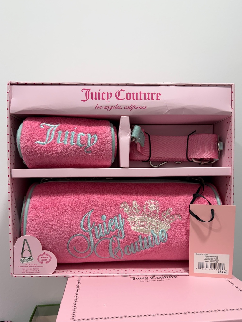 Juicy Couture Pink Crossbody Handbag with Matxhing muni Barrel set